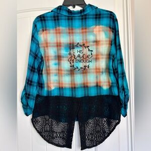 Upcycled Teal and Black Plaid Shirt with Lace Hem